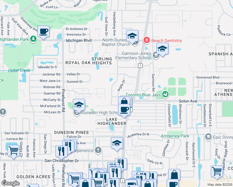map of restaurants, bars, coffee shops, grocery stores, and more near 1924 Argile Drive in Dunedin