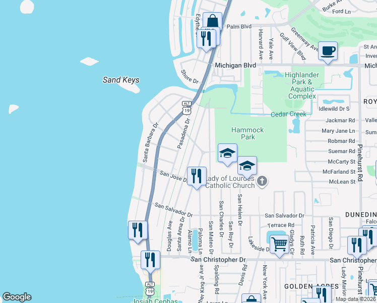 map of restaurants, bars, coffee shops, grocery stores, and more near 1787 Pasadena Drive in Dunedin