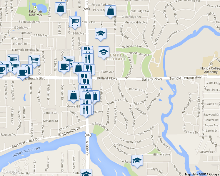 map of restaurants, bars, coffee shops, grocery stores, and more near 1203 Tanglewood Court in Temple Terrace