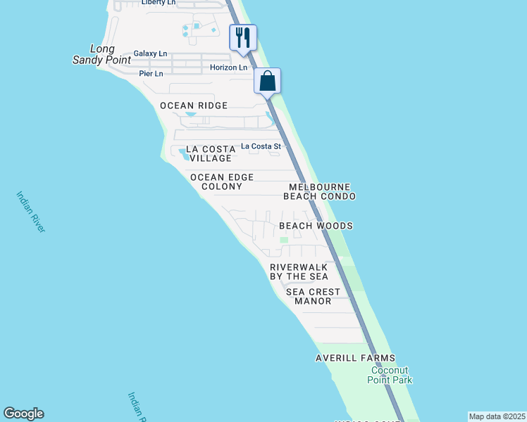 map of restaurants, bars, coffee shops, grocery stores, and more near 3272 Sand Court in Melbourne Beach