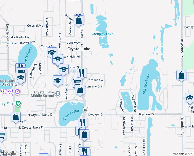 map of restaurants, bars, coffee shops, grocery stores, and more near 2612 Sunshine Drive North in Lakeland