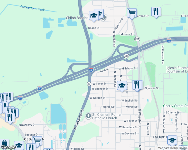 map of restaurants, bars, coffee shops, grocery stores, and more near 555 North Alexander Street in Plant City
