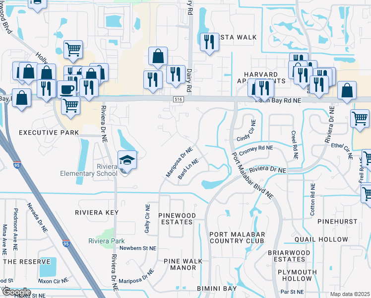 map of restaurants, bars, coffee shops, grocery stores, and more near 1310 Mariposa Drive Northeast in Palm Bay