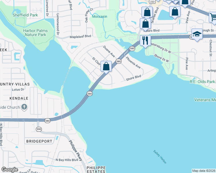 map of restaurants, bars, coffee shops, grocery stores, and more near 3693 Shore Boulevard in Oldsmar