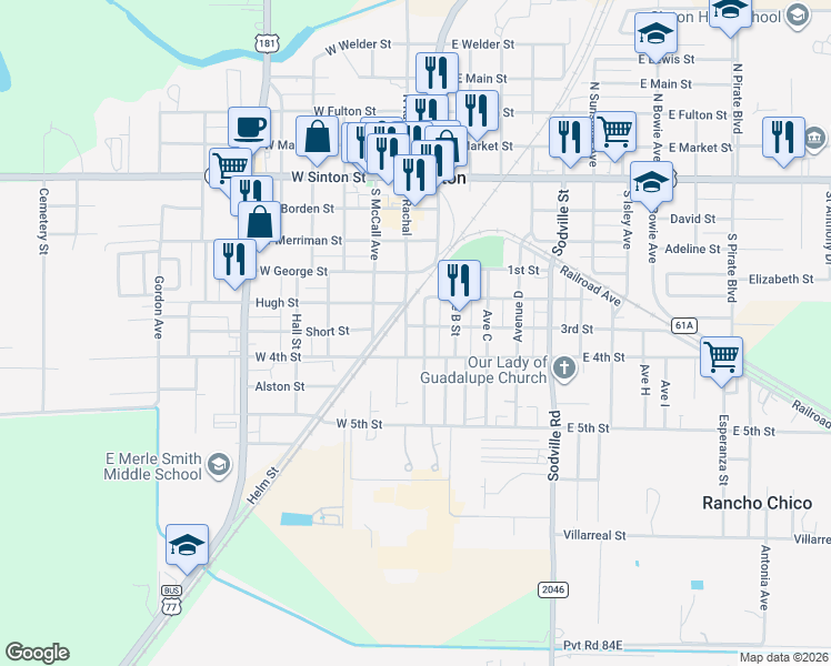 map of restaurants, bars, coffee shops, grocery stores, and more near 519 South Rachal in Sinton