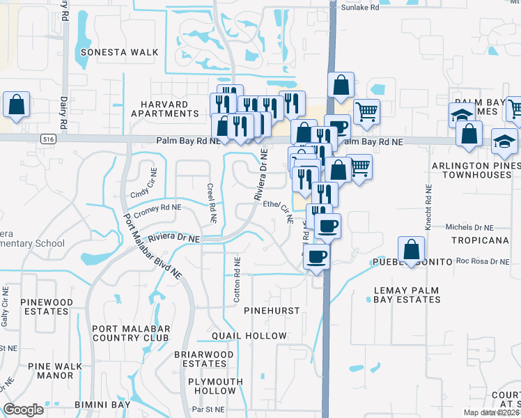 map of restaurants, bars, coffee shops, grocery stores, and more near 1398 Woodlawn Circle Northeast in Palm Bay