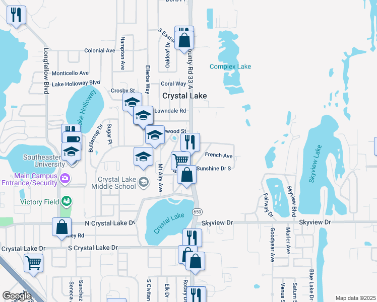 map of restaurants, bars, coffee shops, grocery stores, and more near 1002 South Combee Road in Lakeland