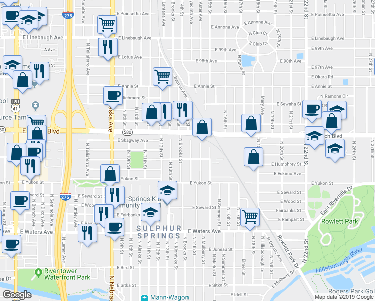 map of restaurants, bars, coffee shops, grocery stores, and more near 8815 North 14th Street in Tampa