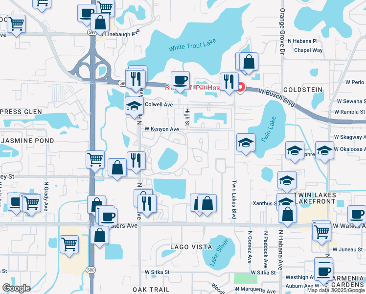 map of restaurants, bars, coffee shops, grocery stores, and more near 8697 Key Royale Lane in Tampa