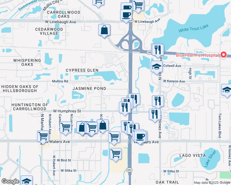 map of restaurants, bars, coffee shops, grocery stores, and more near 3910 Hunt Road in Tampa