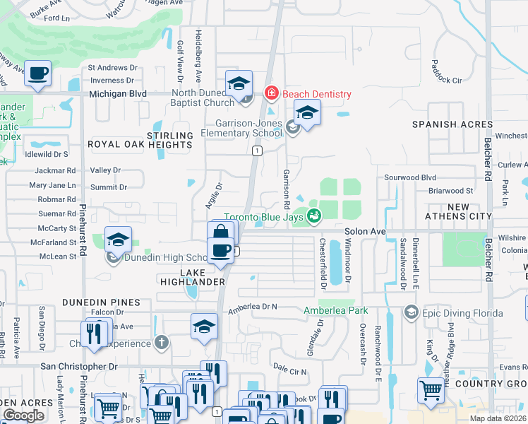 map of restaurants, bars, coffee shops, grocery stores, and more near 1612 Hamilton Court in Dunedin