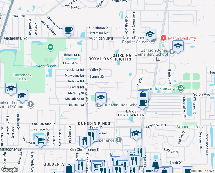 map of restaurants, bars, coffee shops, grocery stores, and more near 27 Pinehurst Village in Dunedin