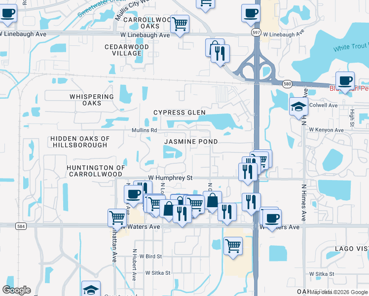 map of restaurants, bars, coffee shops, grocery stores, and more near 8702 Mallard Reserve Drive in Tampa