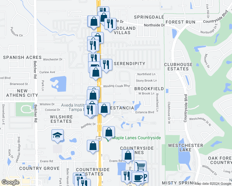 map of restaurants, bars, coffee shops, grocery stores, and more near 2400 Winding Creek Boulevard in Clearwater