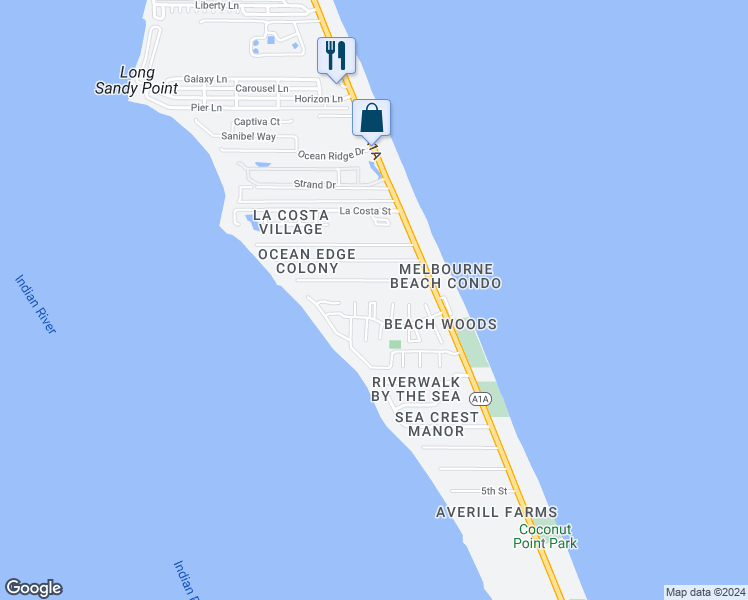 map of restaurants, bars, coffee shops, grocery stores, and more near 3253 Sand Court in Melbourne Beach