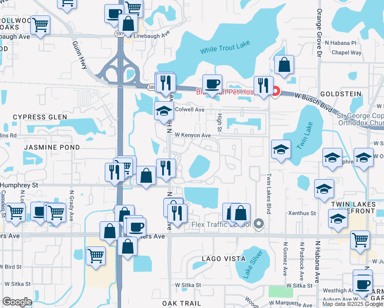 map of restaurants, bars, coffee shops, grocery stores, and more near 3516 Grand Cayman Drive in Tampa