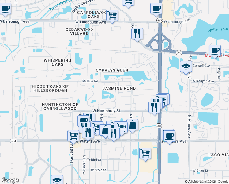map of restaurants, bars, coffee shops, grocery stores, and more near 8702 Mallard Reserve Drive in Tampa