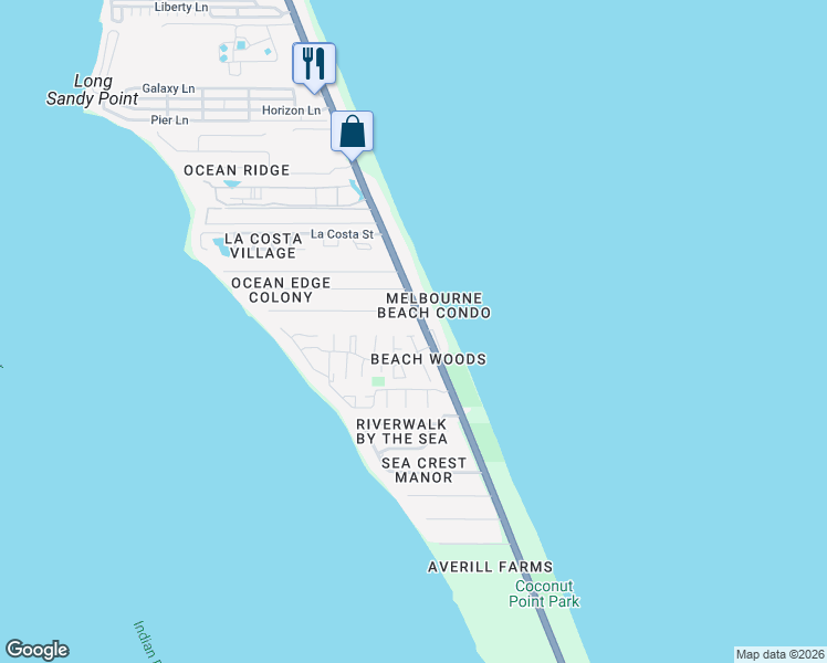 map of restaurants, bars, coffee shops, grocery stores, and more near 115 Allan Lane in Melbourne Beach