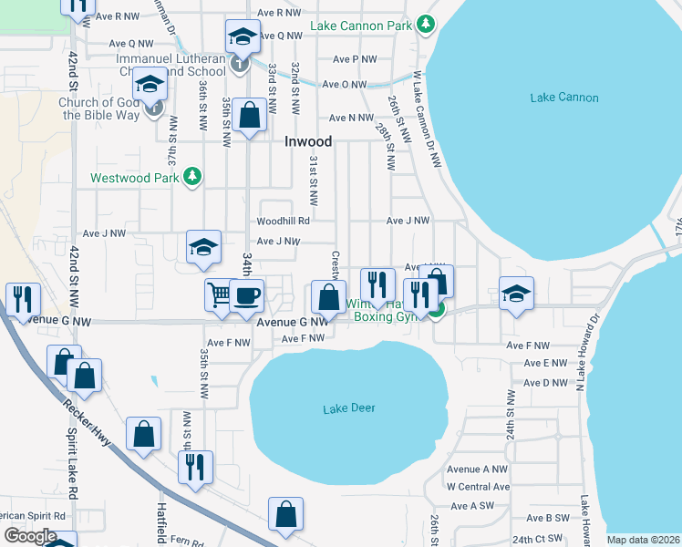map of restaurants, bars, coffee shops, grocery stores, and more near 876 Crestwood Drive in Winter Haven