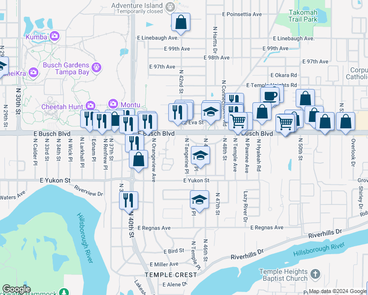 map of restaurants, bars, coffee shops, grocery stores, and more near 8738 North Tangerine Place in Tampa