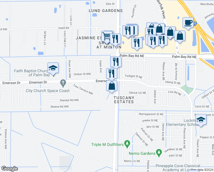 map of restaurants, bars, coffee shops, grocery stores, and more near 1286 Deggen Court Northwest in Palm Bay