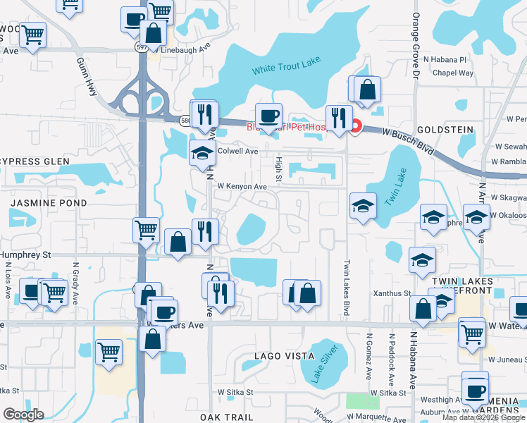 map of restaurants, bars, coffee shops, grocery stores, and more near 3468 Saint Bart Lane in Tampa