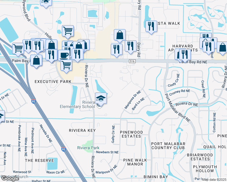 map of restaurants, bars, coffee shops, grocery stores, and more near 1470 Malibu Circle Northeast in Palm Bay