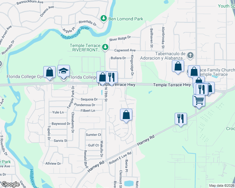 map of restaurants, bars, coffee shops, grocery stores, and more near 9135 Talina Lane in Tampa