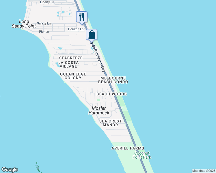 map of restaurants, bars, coffee shops, grocery stores, and more near 3190 Ricks Way in Melbourne Beach