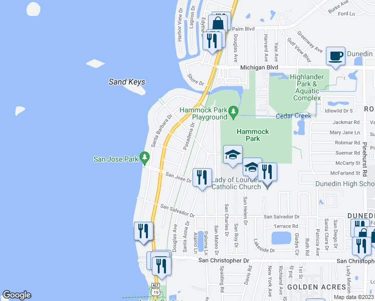 map of restaurants, bars, coffee shops, grocery stores, and more near 1769 Pasadena Drive in Dunedin