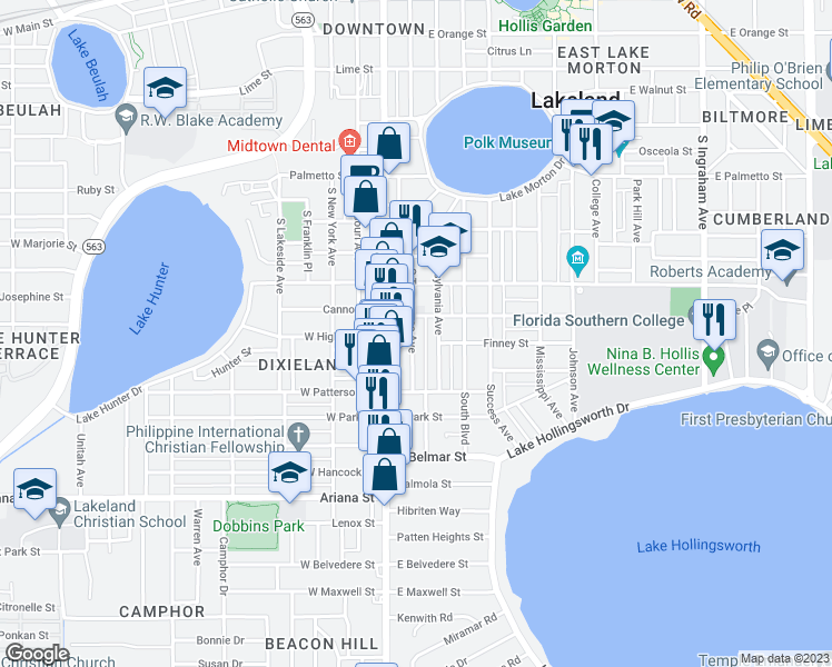 map of restaurants, bars, coffee shops, grocery stores, and more near 948 South Tennessee Avenue in Lakeland