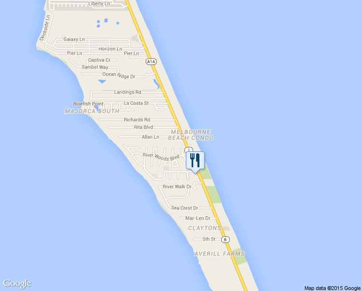 map of restaurants, bars, coffee shops, grocery stores, and more near 115 Allan Lane in Melbourne Beach