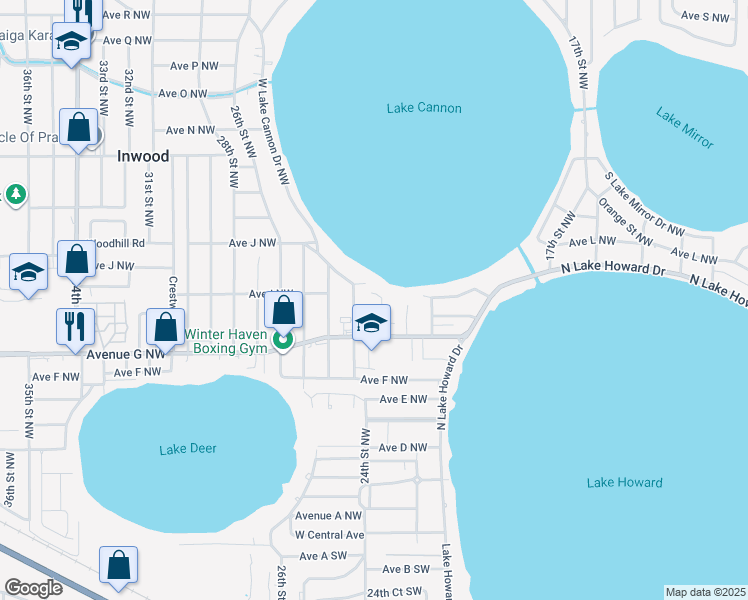 map of restaurants, bars, coffee shops, grocery stores, and more near 2310 West Cannon Terrace Northwest in Winter Haven