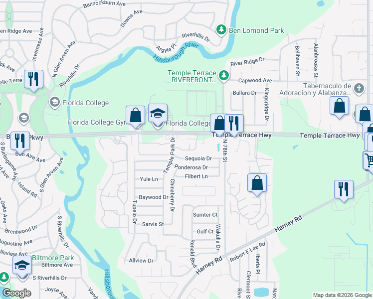 map of restaurants, bars, coffee shops, grocery stores, and more near 7351 Temple Terrace Highway in Tampa