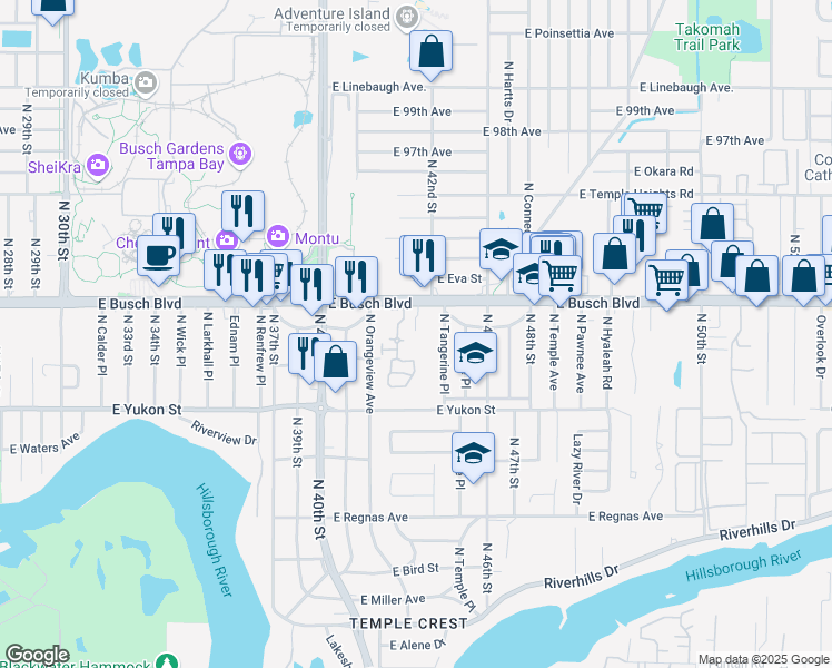 map of restaurants, bars, coffee shops, grocery stores, and more near 4127 East Busch Boulevard in Tampa