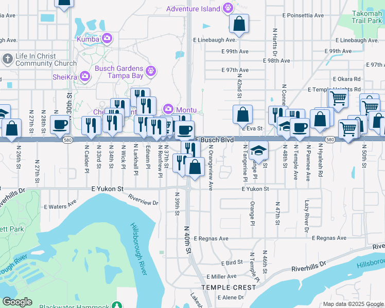 map of restaurants, bars, coffee shops, grocery stores, and more near 4001 Florida 580 in Tampa