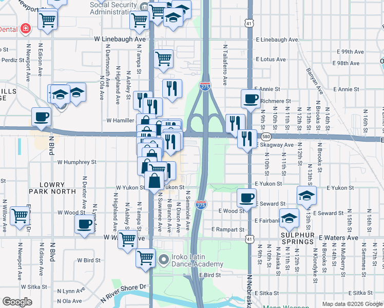 map of restaurants, bars, coffee shops, grocery stores, and more near 9033 Westchester Circle in Tampa