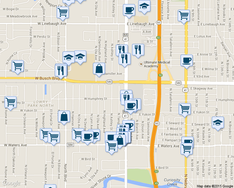 map of restaurants, bars, coffee shops, grocery stores, and more near 8915 North Ashley Street in Tampa