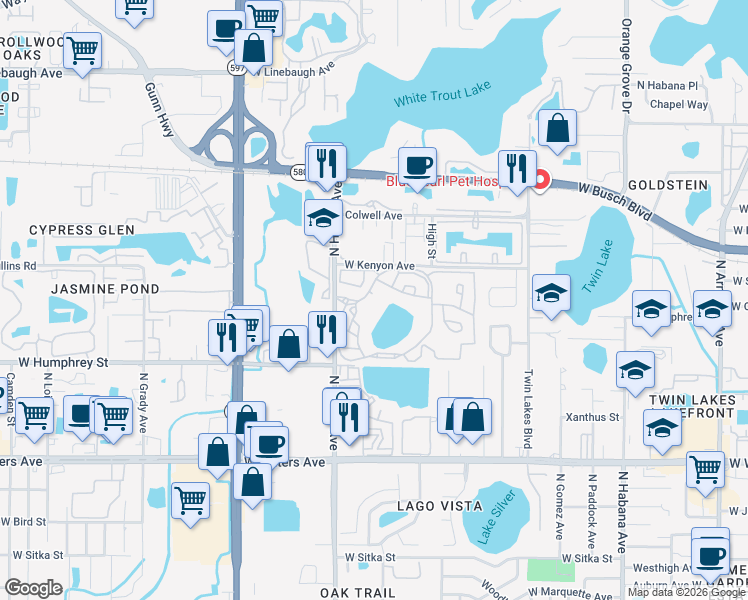 map of restaurants, bars, coffee shops, grocery stores, and more near 3488 Saint Bart Lane in Tampa
