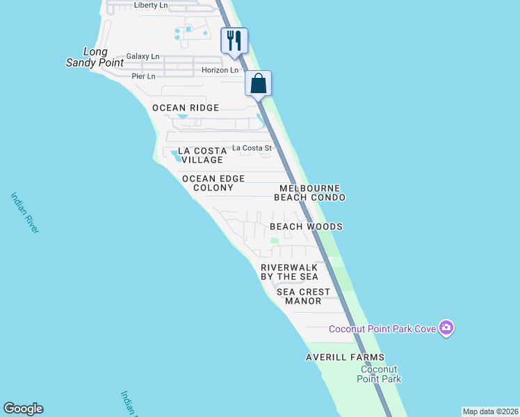 map of restaurants, bars, coffee shops, grocery stores, and more near 165 Allan Lane in Melbourne Beach