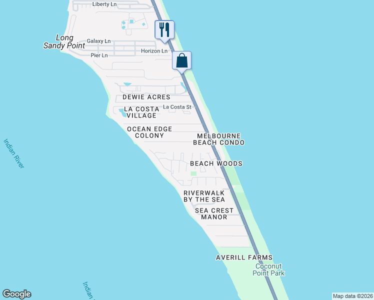 map of restaurants, bars, coffee shops, grocery stores, and more near 165 Allan Lane in Melbourne Beach