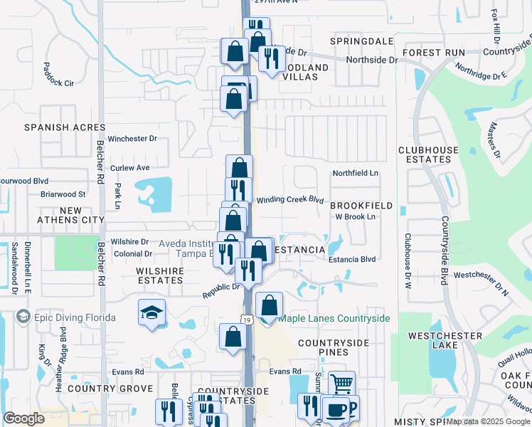 map of restaurants, bars, coffee shops, grocery stores, and more near 2400 Winding Creek Boulevard in Clearwater