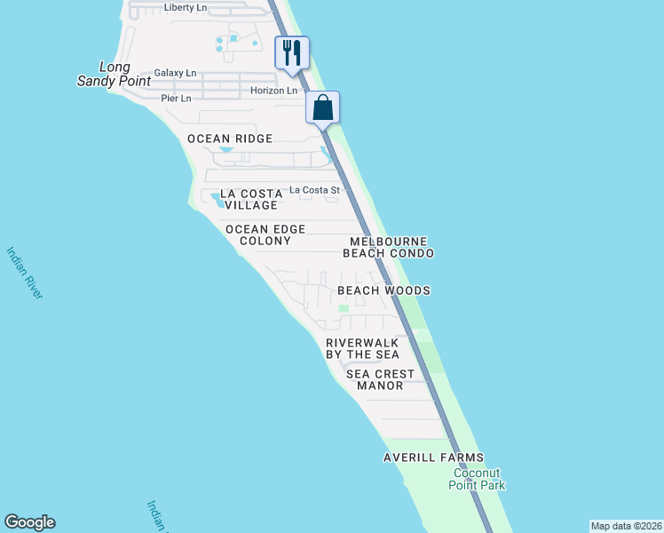 map of restaurants, bars, coffee shops, grocery stores, and more near 165 Allan Lane in Melbourne Beach