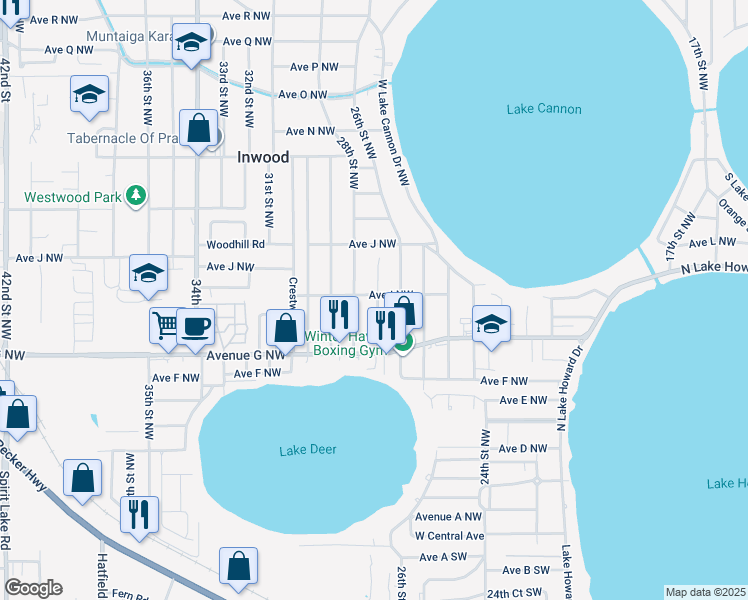map of restaurants, bars, coffee shops, grocery stores, and more near 795 27th Street Northwest in Winter Haven