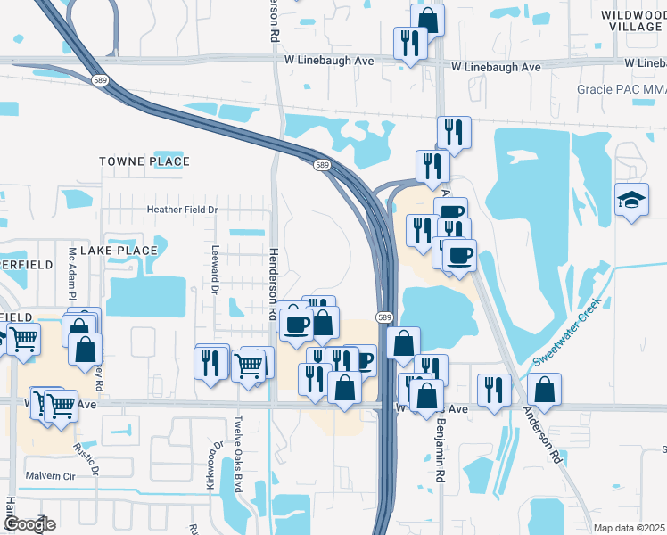 map of restaurants, bars, coffee shops, grocery stores, and more near 8735 Henderson Road in Tampa