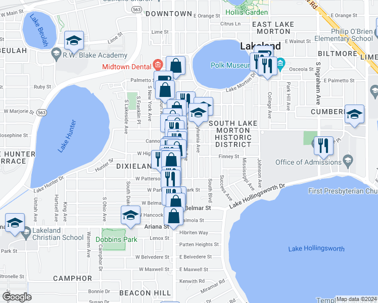 map of restaurants, bars, coffee shops, grocery stores, and more near 946 South Tennessee Avenue in Lakeland