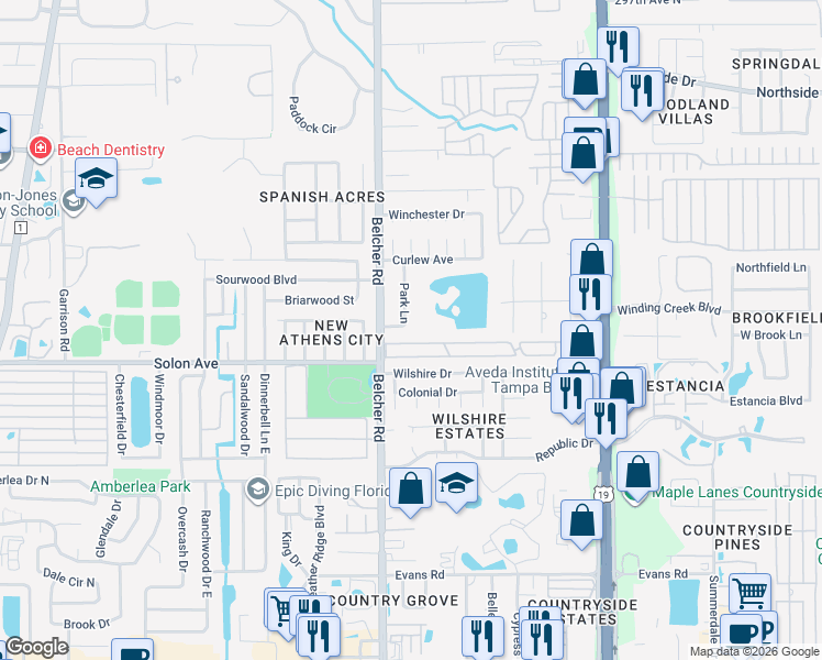 map of restaurants, bars, coffee shops, grocery stores, and more near 3041 Park Lane in Dunedin