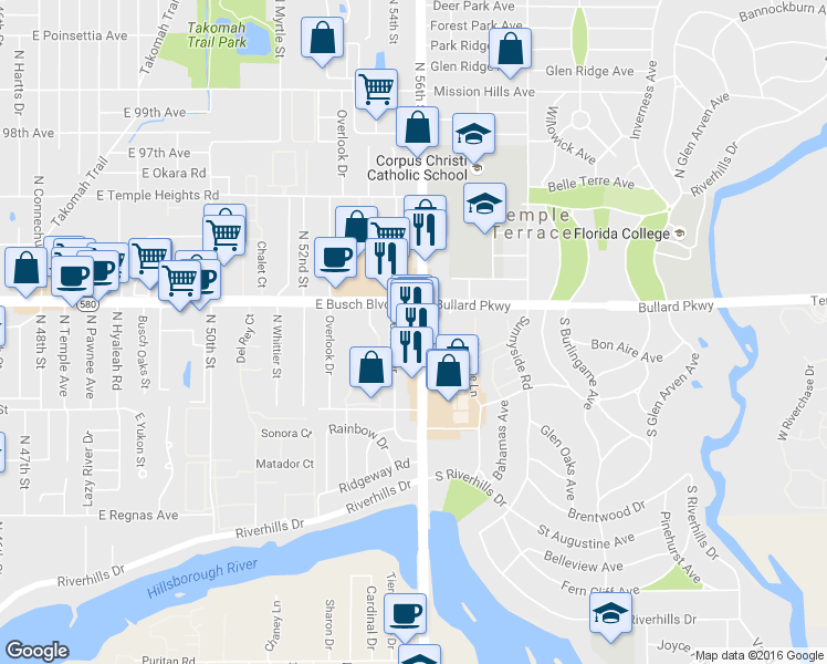 map of restaurants, bars, coffee shops, grocery stores, and more near 8600 N 56th St in Temple Terrace