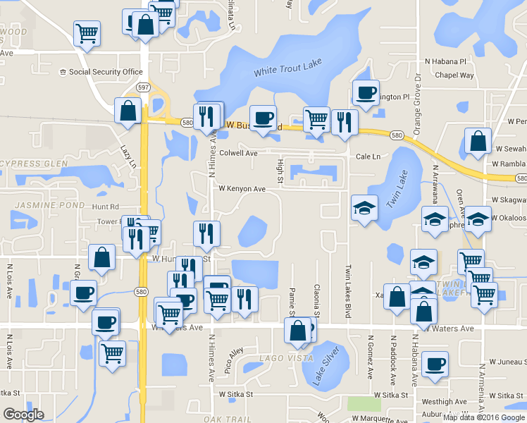 map of restaurants, bars, coffee shops, grocery stores, and more near 8697 Key Royale Lane in Tampa