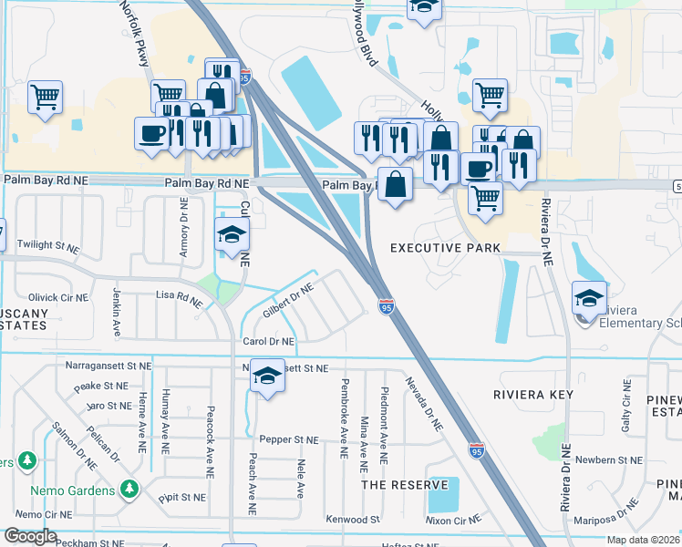 map of restaurants, bars, coffee shops, grocery stores, and more near Goode Drive Northeast in Palm Bay
